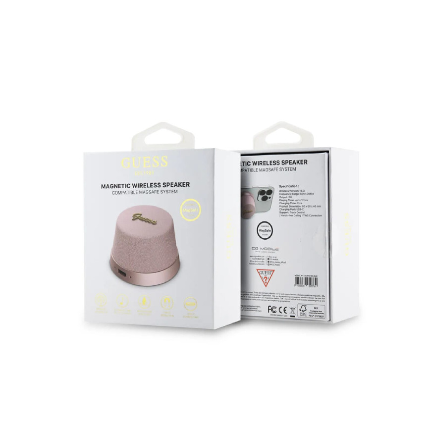 Guess Enceinte Bluetooth 5.3 3W Compatible MagSafe avec Micro et Réducteur de Bruit Rose