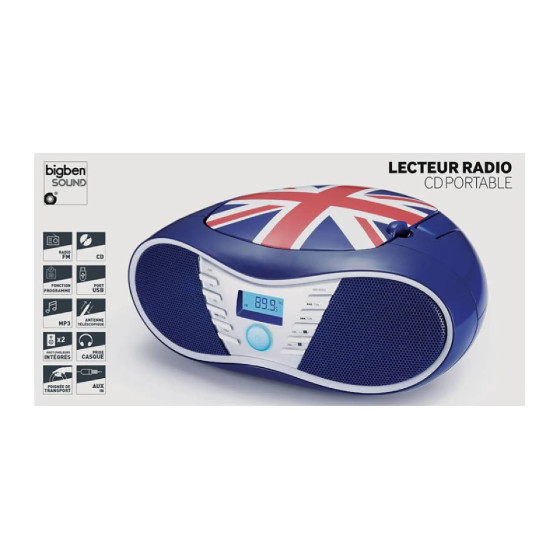 BigBen Connected Lecteur CD/Radio FM et MP3 CD58 à Motif Drapeau Anglais Bleu / Rouge