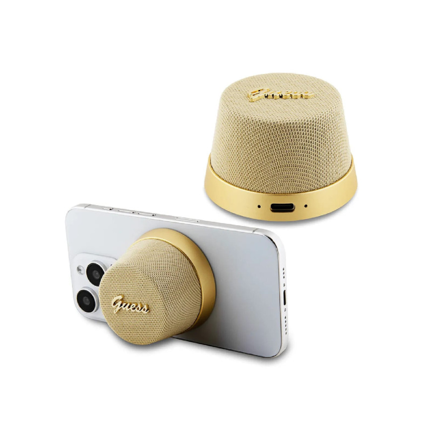 Guess Enceinte Bluetooth 5.3 3W Compatible MagSafe avec Micro et Réducteur de Bruit Dorée