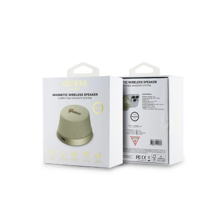 Guess Enceinte Bluetooth 5.3 3W Compatible MagSafe avec Micro et Réducteur de Bruit Dorée