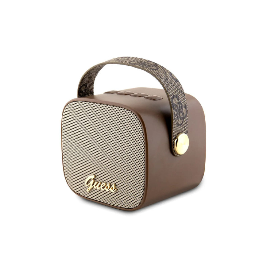 Guess Enceinte Bluetooth 5.3 Compacte 5W avec Sangle de Transport en Cuir Motif 4G Marron
