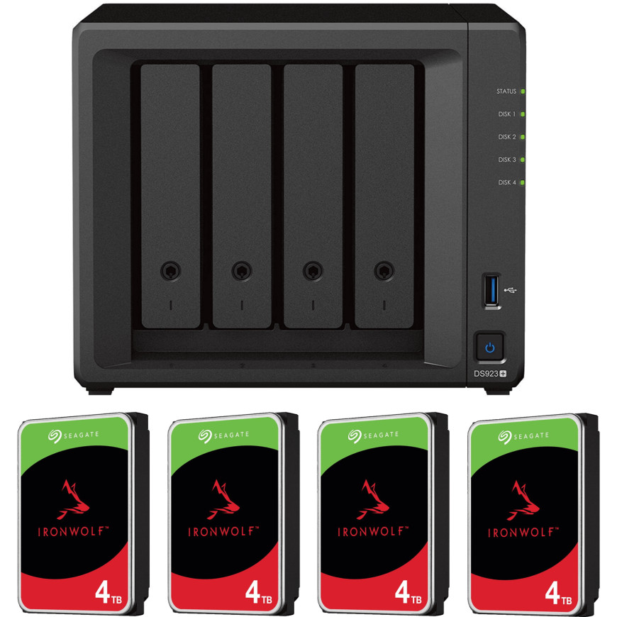 Serveur NAS 4 baies Synology DiskStation DS923+ avec disques durs 16 To (4* Seagate IronWolf 4 To)