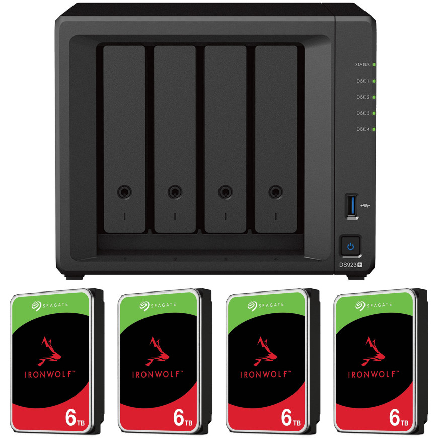 Serveur NAS 4 baies Synology DiskStation DS923+ avec disques durs 24 To (4* Seagate IronWolf 6 To)