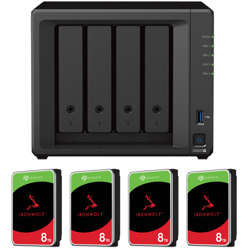 Serveur NAS 4 baies Synology DiskStation DS923+ avec disques durs 32 To (4* Seagate IronWolf 8 To)