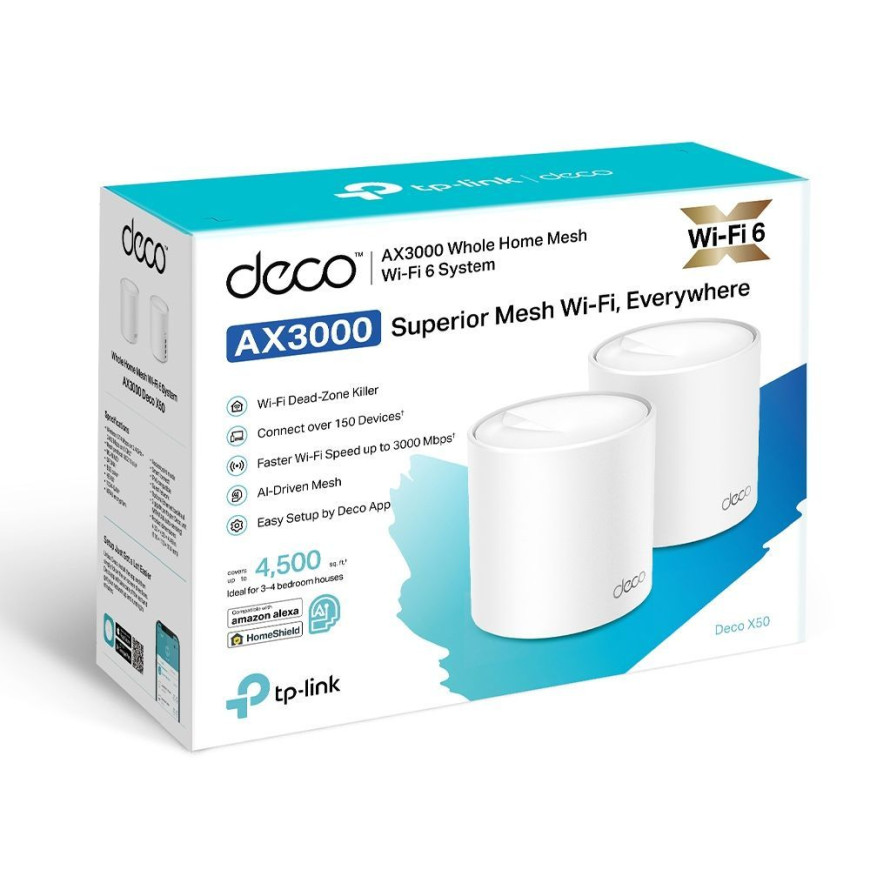 AX3000 Whole Home Mesh Wi-Fi 6 Unit SPEED: 574 Mbps at 2.4 GHz + 2402 Mbps at 5 GHz SPEC: 2× Internal (DECOX50_1-PACK)