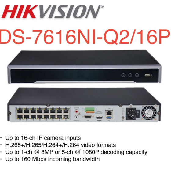 HIKVISION NVR Up to 4MP 16Canaux PoE, 1HDD 12M (DS-7216NI-Q2/8P-M)