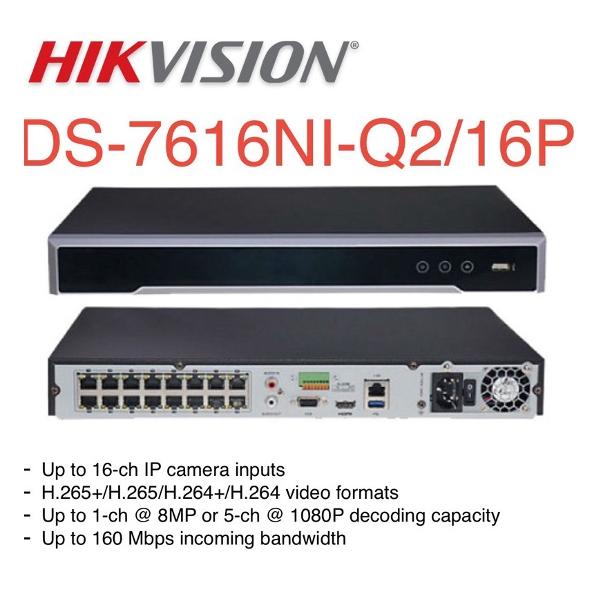 HIKVISION NVR Up to 4MP 16Canaux PoE, 1HDD 12M (DS-7216NI-Q2/8P-M)