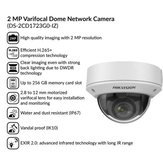 Caméra HIKVISION Interne IP Dome Varifocale motorise 2MP,IP67 Smart IR 50m 12M (DS-2CD1723G0-IZ)