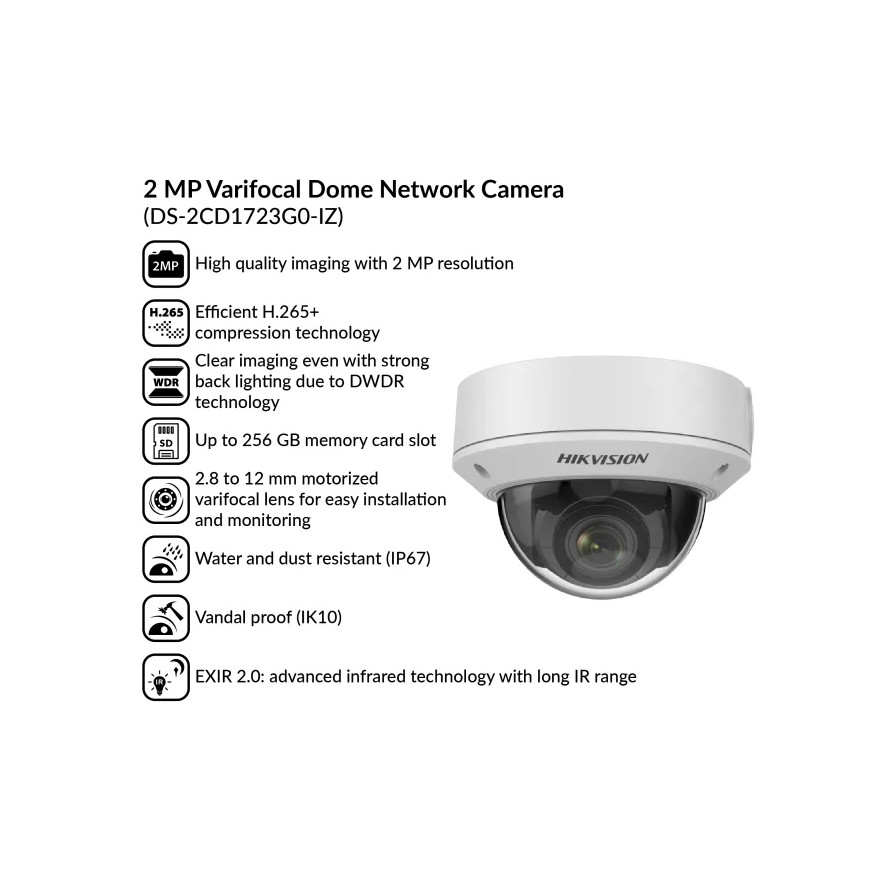 Caméra HIKVISION Interne IP Dome Varifocale motorise 2MP,IP67 Smart IR 50m 12M (DS-2CD1723G0-IZ)