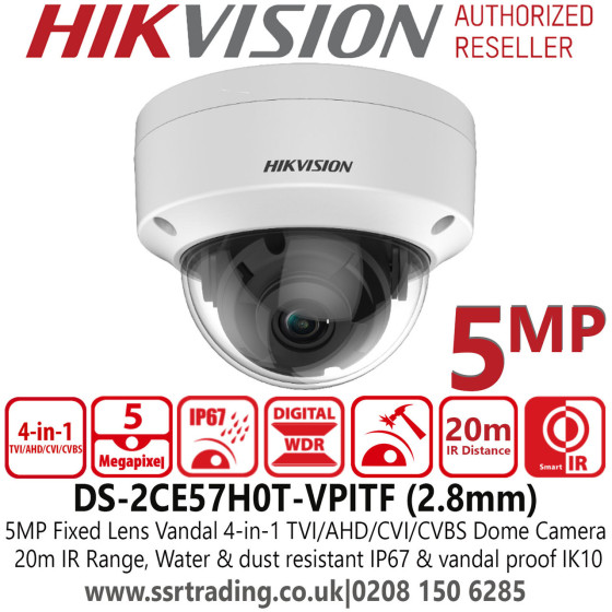 Camera HIKVISION Interne Fixed Dome 5MP IP67, IR20m 12M (DS-2CE57H0T-VPITF)