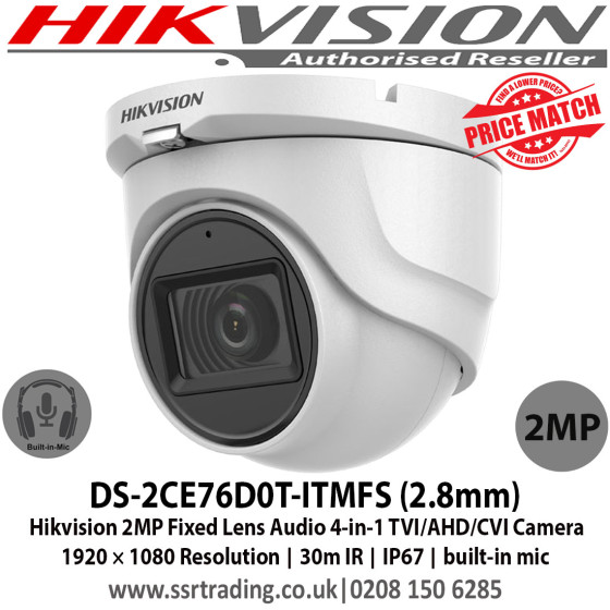 Caméra HIKVISION Interne Fixed Turret 2MP,IP67, IR30m, build-in mic 12M (DS-2CE76D0T-ITMFS)