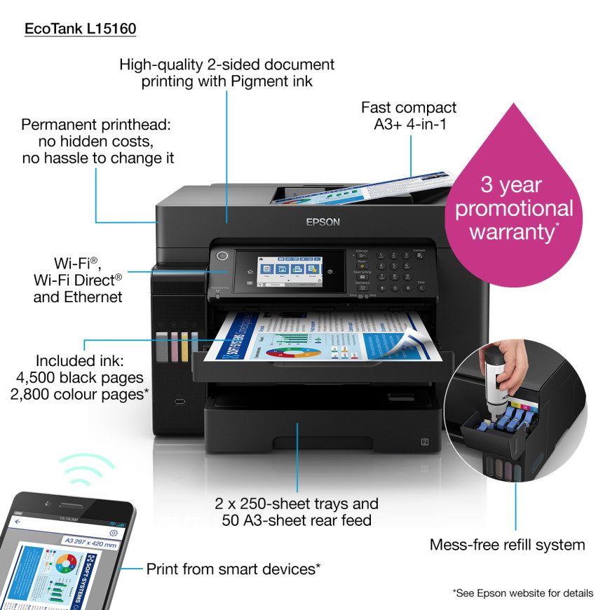 Imprimante Epson EcoTank L15160 A3+ multifonction à réservoirs rechargeables (C11CH71403)