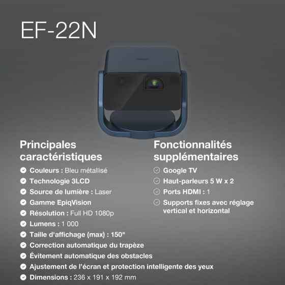 Epson EF-22N – Mini projecteur Laser intelligent Full HD (V11HB38440)