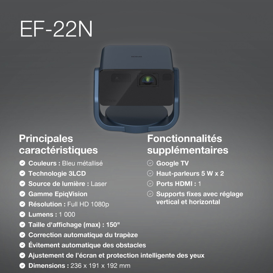 Epson EF-22N – Mini projecteur Laser intelligent Full HD (V11HB38440)