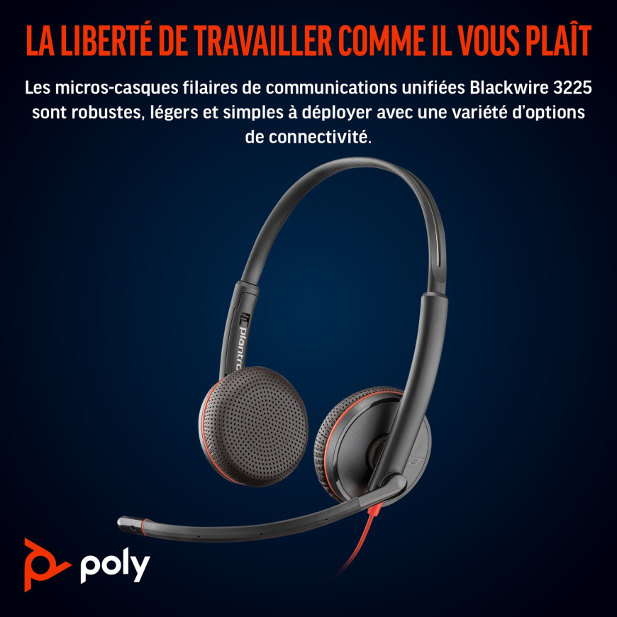 POLY Blackwire 3225 Stereo USB-C Headset +3.5mm Plug +USB-C/A Adapter (8X229AA)