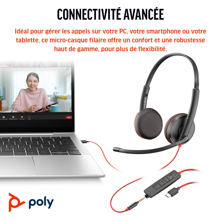 POLY Blackwire 3225 Stereo USB-C Headset +3.5mm Plug +USB-C/A Adapter (8X229AA)