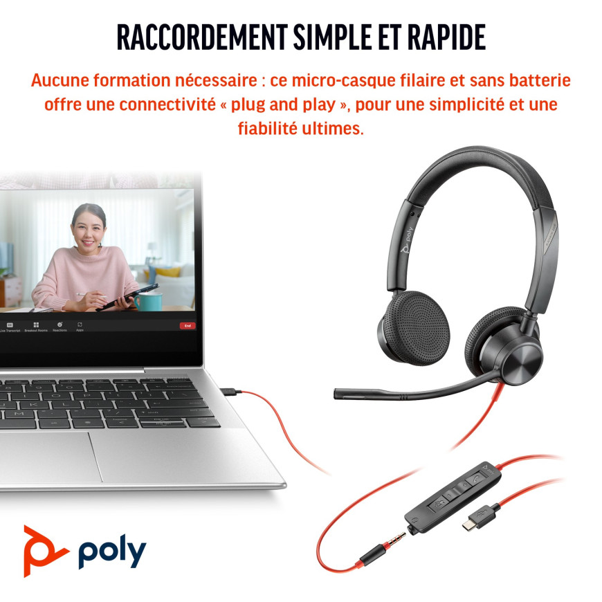 Micro-Casque Poly Blackwire 3325 USB-C Stéréo avec Jack 3,5 mm (8X221AA)