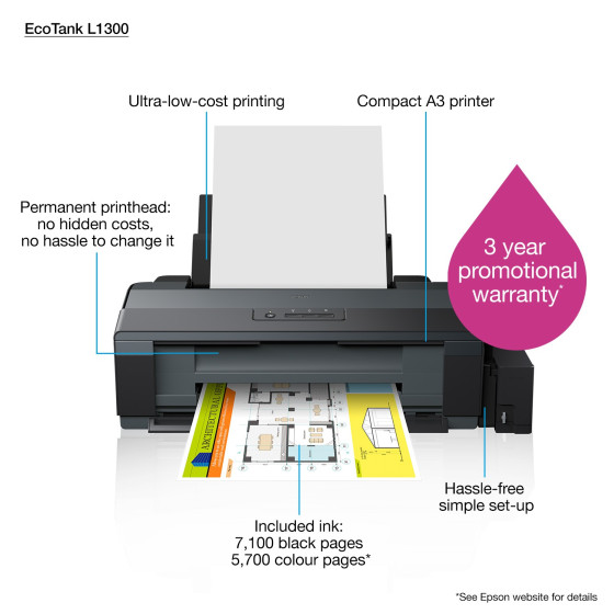 Imprimante Epson EcoTank L1300 A3+ à réservoirs rechargeables (C11CD81403)