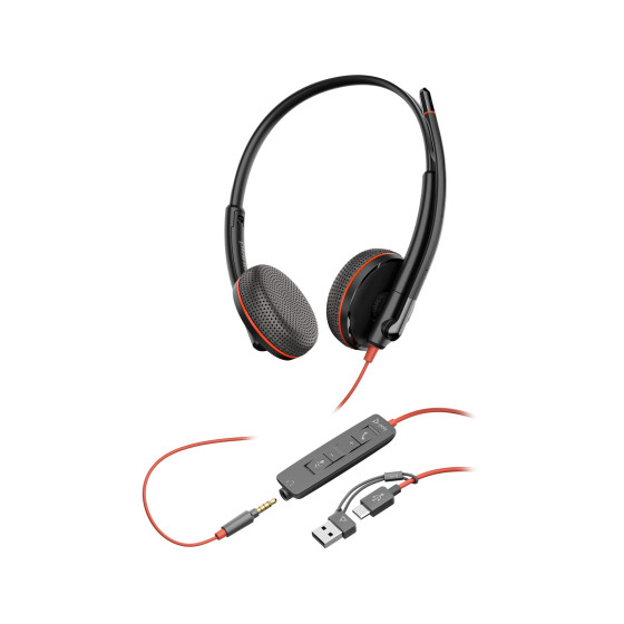 POLY Blackwire 3225 Stereo USB-C Headset +3.5mm Plug +USB-C/A Adapter (8X229AA)