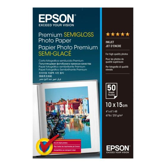 Epson Premium Semigloss 10x15cm – Papier photo semi-glacé (C13S041765)