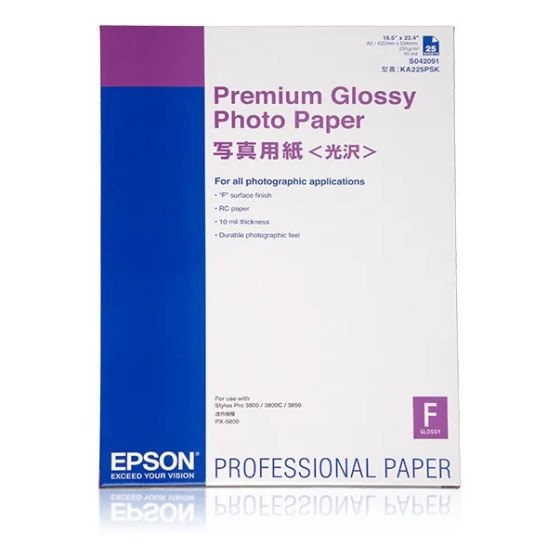Epson Pap Photo Premium Glacé 255g 25f. A2 (0,420x0,594m) – Papier photo haut de gamme (C13S042091)