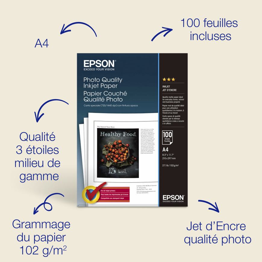 Papier Epson A4 jet d’encre de qualité photo 102 g/m2, 100 feu | Rightech.ma