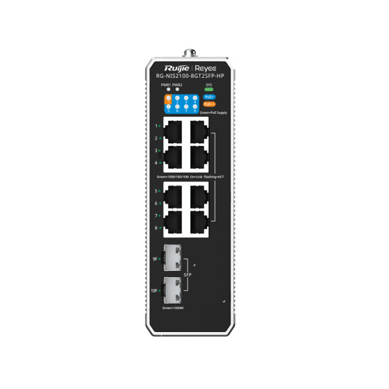 Switch PoE Ruijie Reyee industriel 10 ports Gigabit 2 SFP (RG-NIS2100-8GT2SFP-HP)