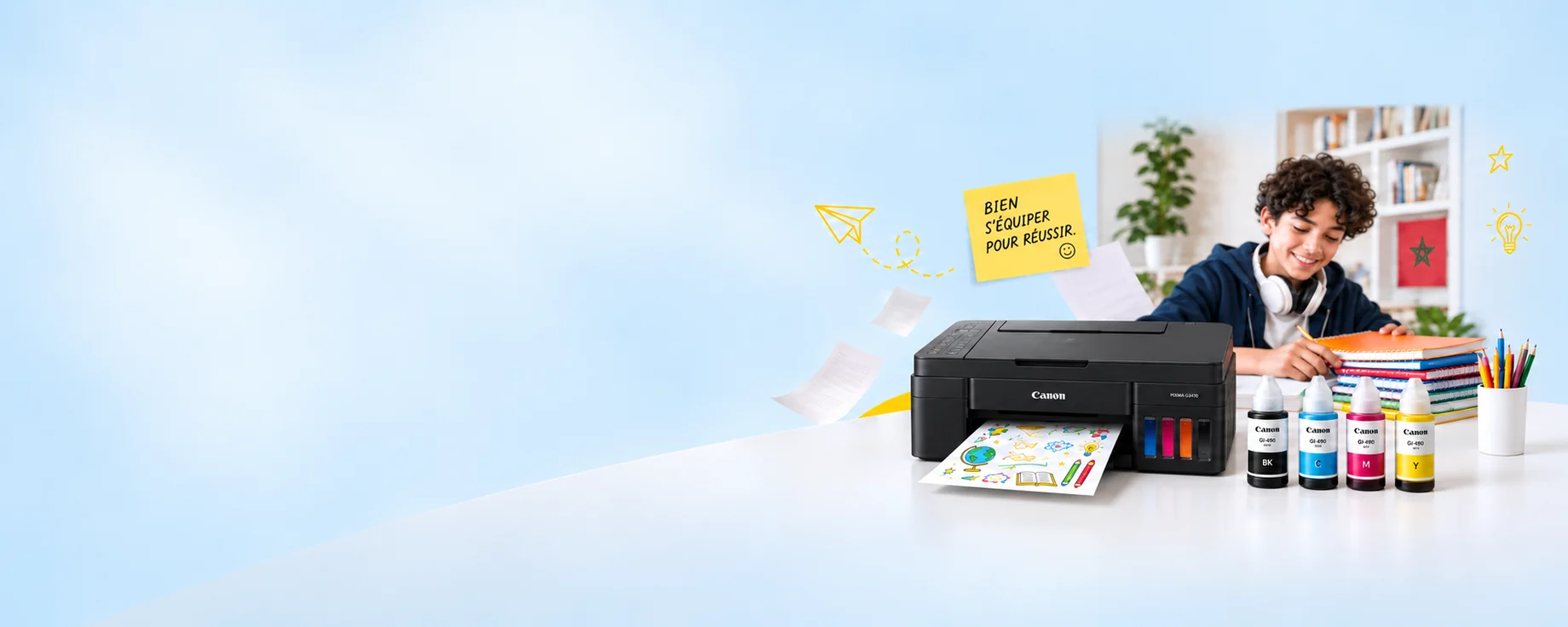 Imprimante Canon PIXMA à réservoirs rechargeables et élève, rentrée chez Rightech.ma