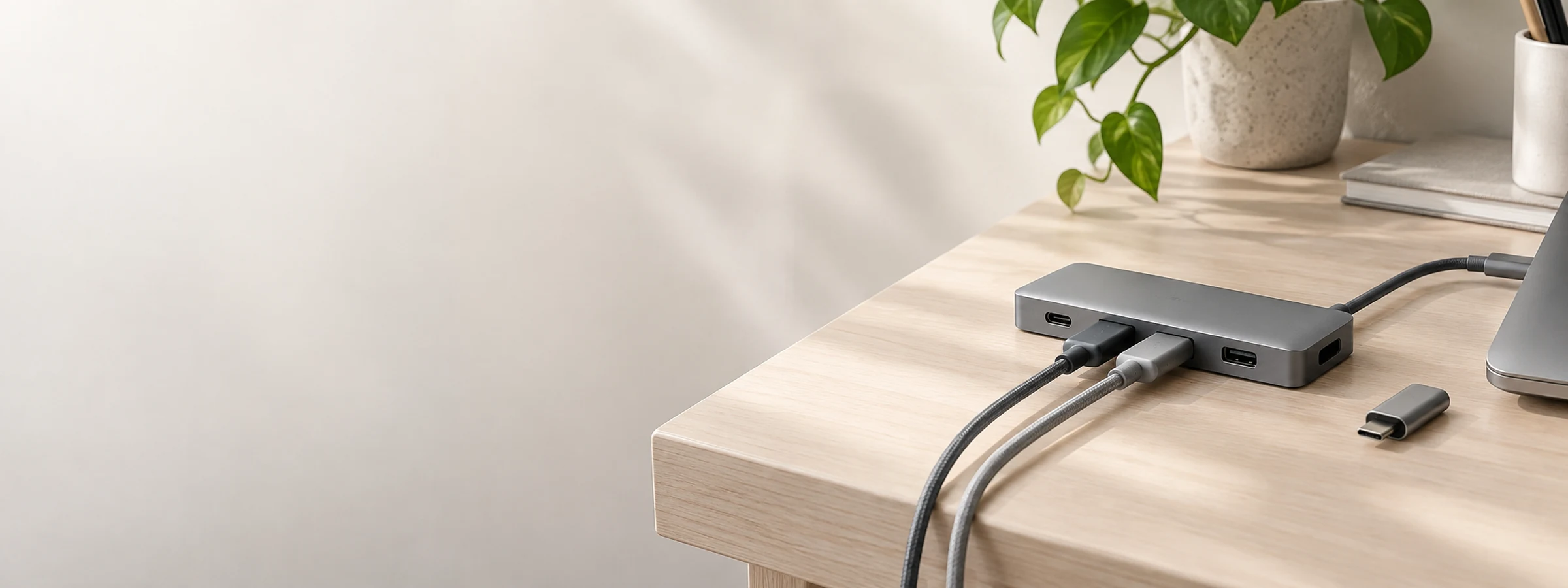 Hub USB-C et câbles Ugreen posés sur un bureau clair